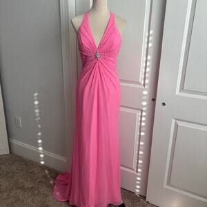 Flirt by Maggy Sottero Pink Formal Gown Halter Neck Prom Pink Beaded Y2K XS